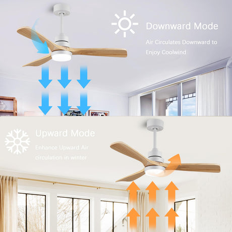 48" wooden ceiling fan with lighted remote control, indoor outdoor wooden ceiling fan, outdoor modern ceiling fan with 3 fan blades for patio, living room, farmhouse, etc (white + wood color)… dearnow