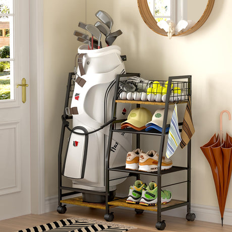 DAOUTIME Golf Bag Garage Storage Rack with Wheels, Organizer for Single Golf Bag and Equipment Accessories, Ideal for Home, Garage, Club, Shed, Basement - Sturdy Wood and Metal Construction (Black) DAOUTIME