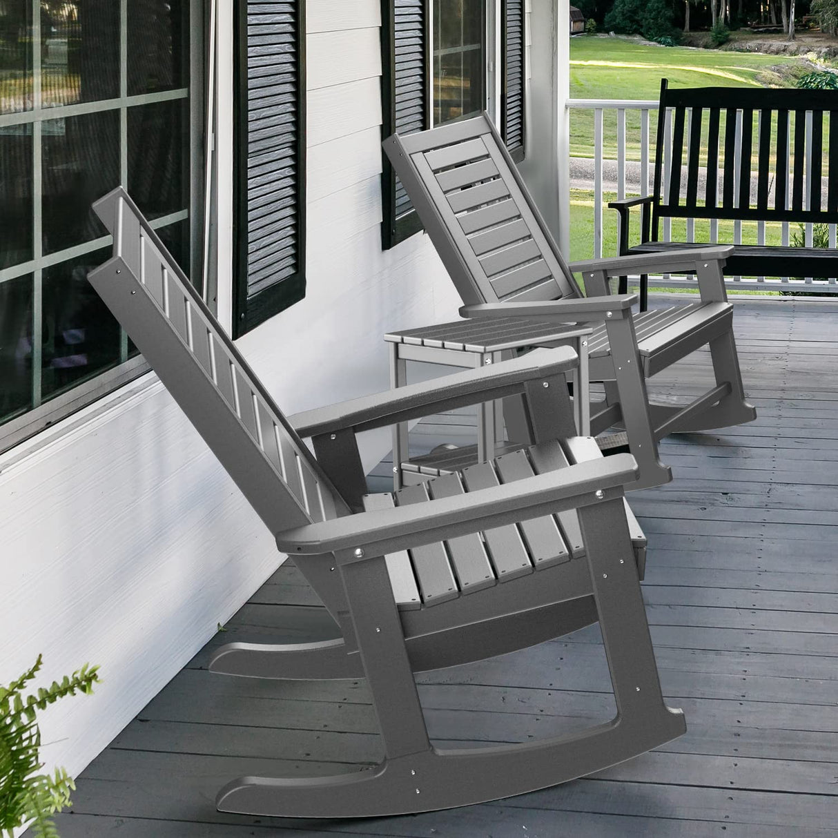 GREENVINES Outdoor Rocking Chairs | Set of 2 | Porch Rocker | HDPE Plastic | Grey | Oversized Rockers | High Back | Big & Tall | Ladder Back | for Patio Outside Backyard Balcony Garden GREENVINES
