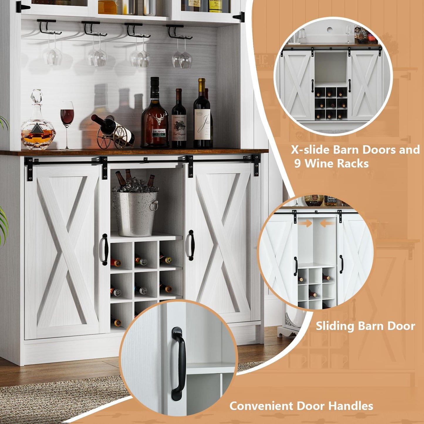 4ever2buy Farmhouse Coffee Bar Cabinet with Hutch, 72'' White Hutch Cabinet with 2 Glass Doors, Tall Wine Bar Cabinet with 9 Wine Racks, Coffee Bar Hutch with Storage for Living Room - WoodArtSupply