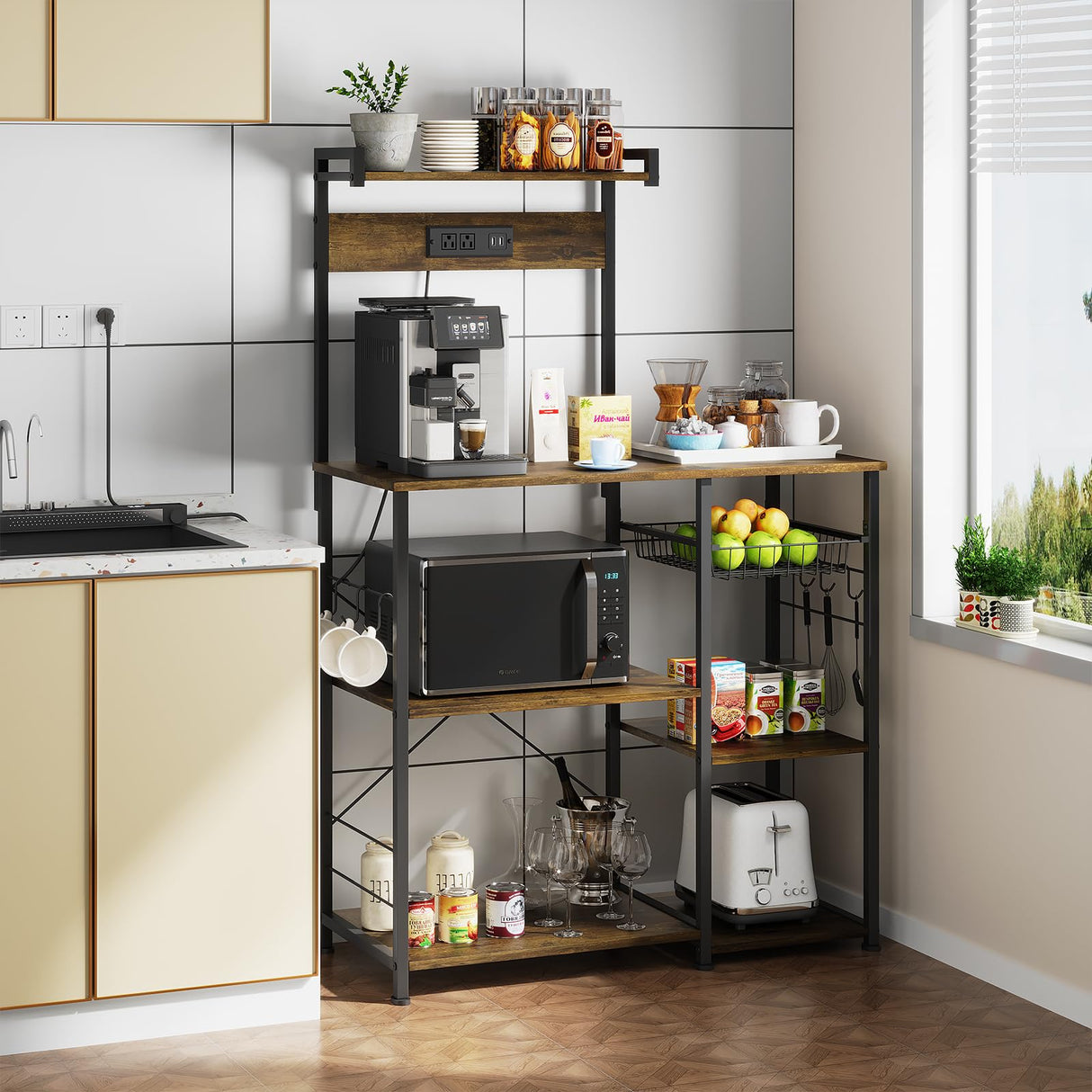 ZERDER Bakers Rack with Power Outlets and 2 USB Ports, Utility Microwave Stand, Kitchen Storage Rack with 6 S-Shaped Hooks, Kitchen Shelves, Rustic Brown ZERDER