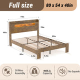 Decoholic Full Size Wooden Bed Frame, Storage Headboard with Charging Station & Led Lights, Solid and Stable, Noise Free,Rustic Farmhouse Sturdy Framework Wood Bedframe, Easy Assembly Decoholic