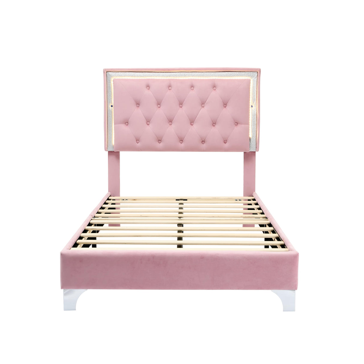 Harper & Bright Designs Velvet Twin Size Bed Frame with LED Lights, Modern Upholstered Twin Platform Bed with Tufted Headboard for Kids,Teens,Girls Boys,No Box Spring Needed,Pink Harper & Bright Designs