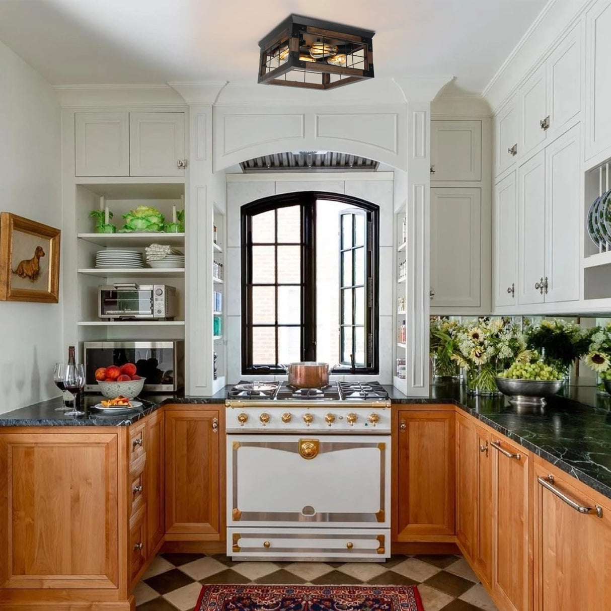 Farmhouse Flush Mount Ceiling Light, 4-Lights Rustic Wood Square Ceiling Light Fixture Kitchen Light Fixture, Farmhouse Light Fixtures for Dining Room Kitchen Livingroom Bedroom Porch JWLUYN