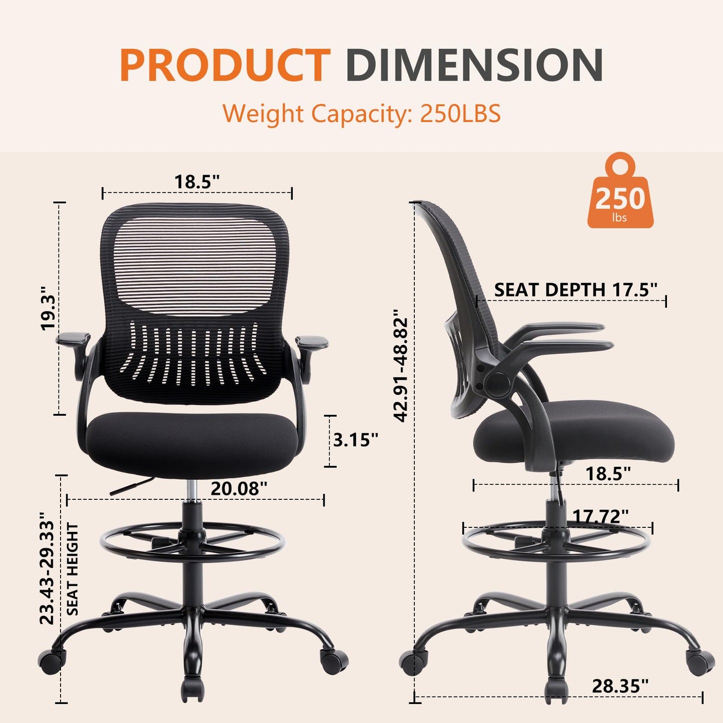 Sweetcrispy Tall Drafting Desk Chair - Ergonomic High Stool Computer with Adjustable Height and Comfy Lumbar Support, Office Rolling Counter for Standing Desk with Flip-up Arm and Footrest, Black