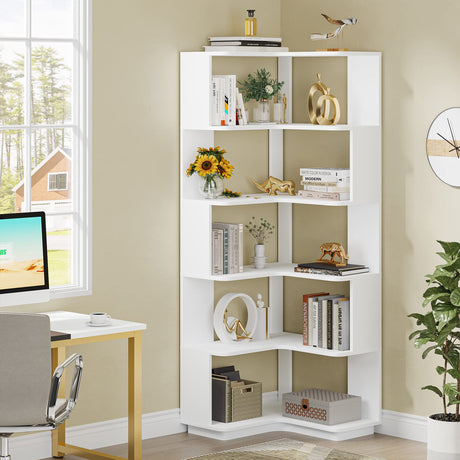 LITTLE TREE Corner Bookshelf, 64.9 Inch Tall Bookcase with Anti-Drop Panel, Modern Freestanding Corner Shelf Display Rack Storage Organizer for Home Office, Living Room, White LITTLE TREE