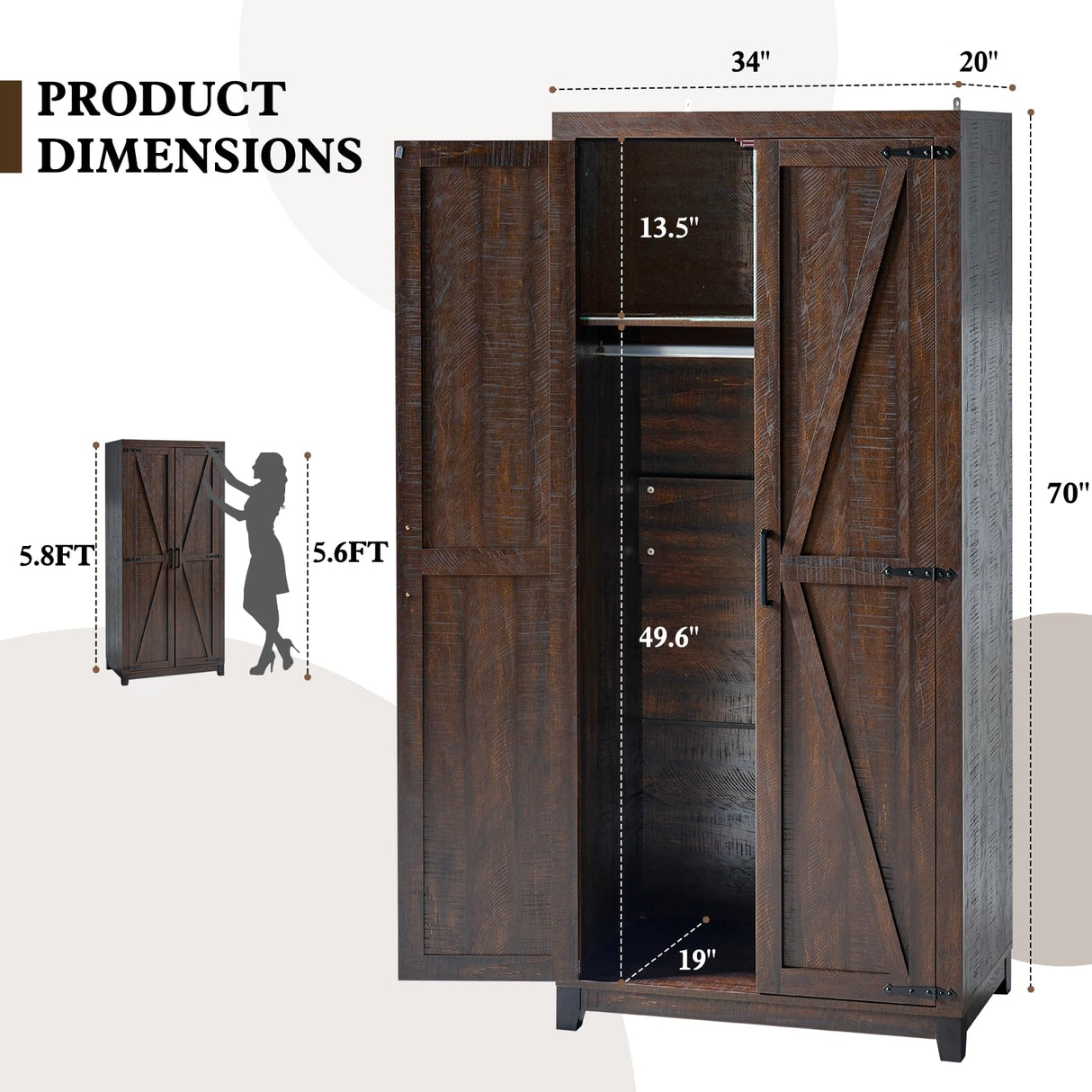 LUXOAK 70" Large Armoire Wardrobe Closet with Hanging Rod, Farmhouse Clothing Storage Cabinet with 2 Barn Doors, Wooden Tall Bedroom Armoires with Shelf, Espresso LUXOAK