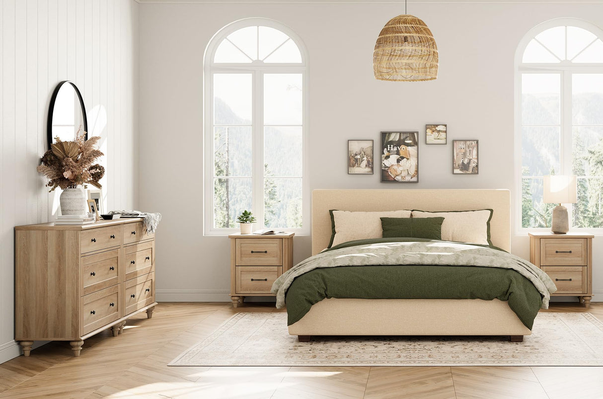 WAMPAT Nightstands with Charging Station Set of 2, 20 Inch Night Stand with 2 Drawers, Wooden Rustic Bedside Table End Tables with Solid Wood Legs for Bedroom & Living Room, Natural Oak WAMPAT