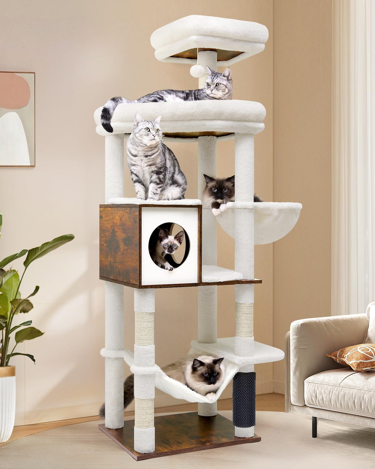 Globlazer W66 Cat Tree Tall 66-inch Modern Cat Tower for Indoor Cats Aesthetic Cat Tree with 4 Scratching Posts, 5 Washable Removable Cushions, Cat Furniture Globlazer