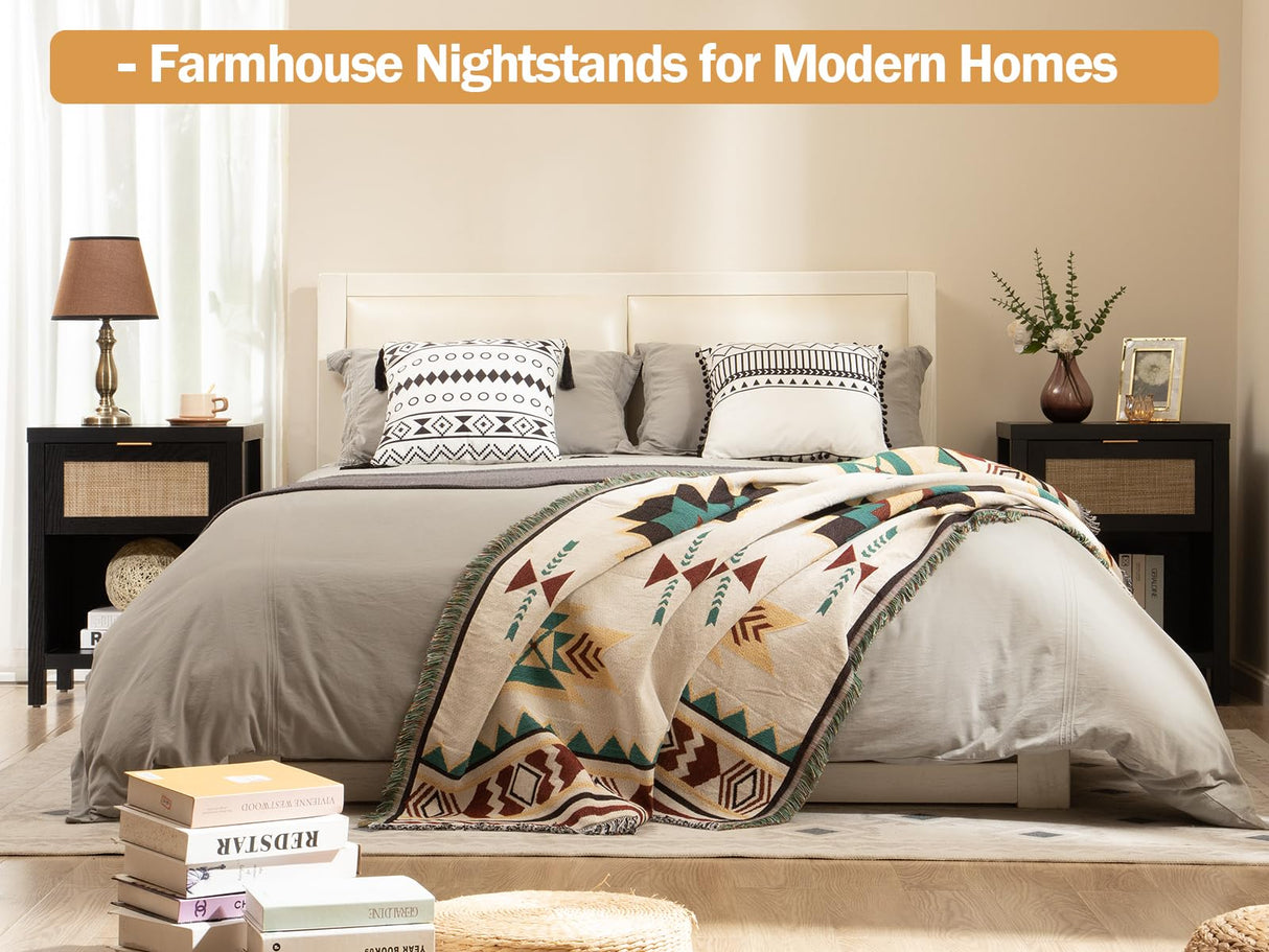 SICOTAS Rattan Night Stands Set of 2, Farmhouse Nightstand Bedside Table with Drawer and Storage Shelf, Boho End Side Table for Bedroom, Small Space, Black Oak SICOTAS