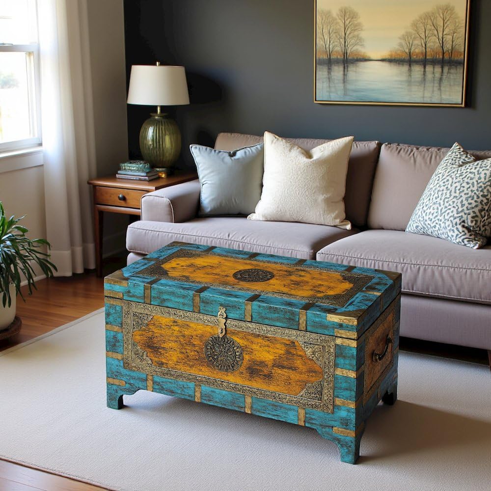Starlight Canyon Home Mango Wood Storage Trunk Coffee Table with Brass Inlay, Hope Chest and Steamer Trunk for Living Room or Bedroom Decor Starlight Canyon Home