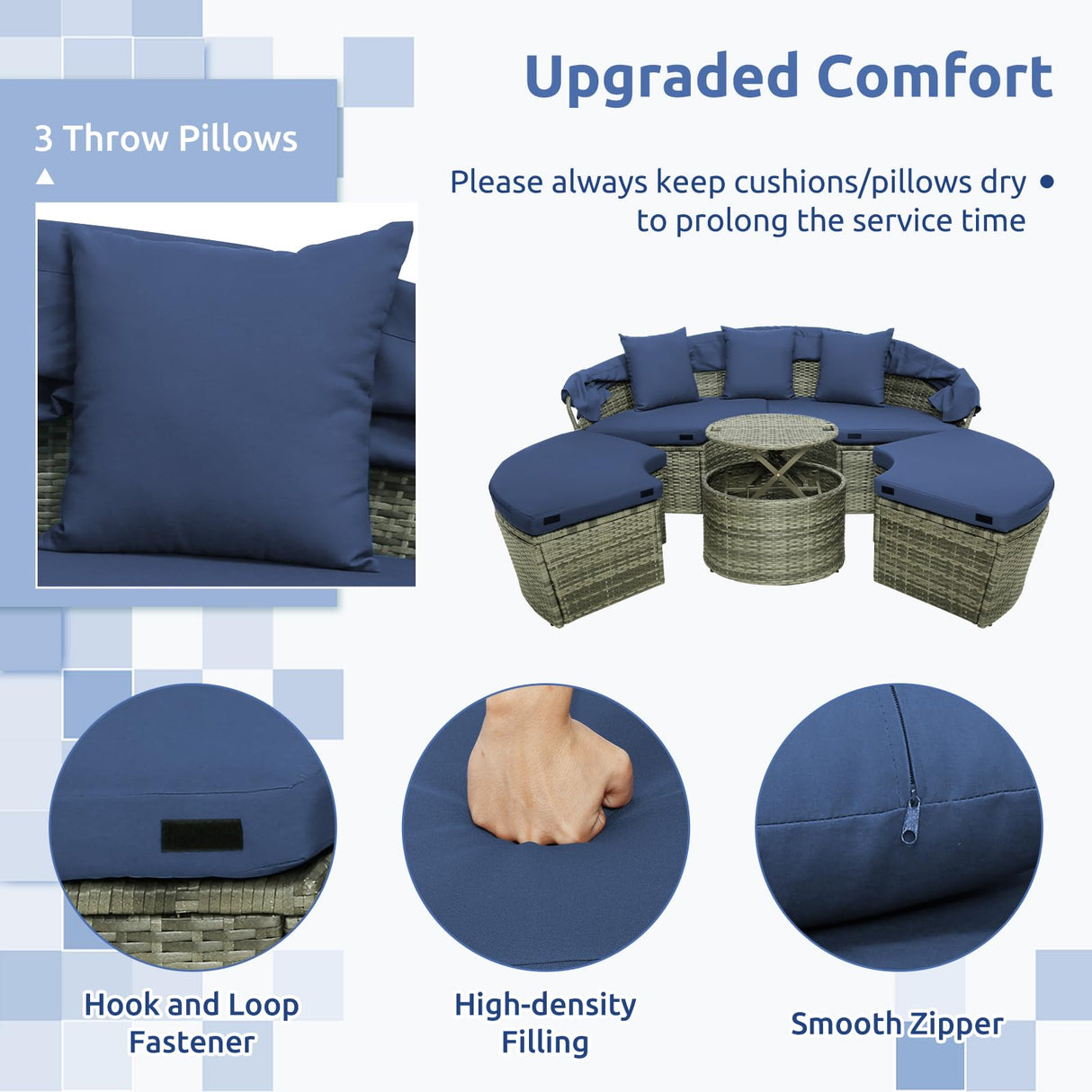 RELAX4LIFE Round Outdoor Daybed with Canopy, Rattan Wicker Sectional Sofa Set w/Cushions, Height Adjustable Table, Conversation Bed Lounger Separated Seating for Outside Pool, Patio Daybed (Navy) RELAX4LIFE