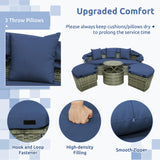 RELAX4LIFE Round Outdoor Daybed with Canopy, Rattan Wicker Sectional Sofa Set w/Cushions, Height Adjustable Table, Conversation Bed Lounger Separated Seating for Outside Pool, Patio Daybed (Navy) RELAX4LIFE
