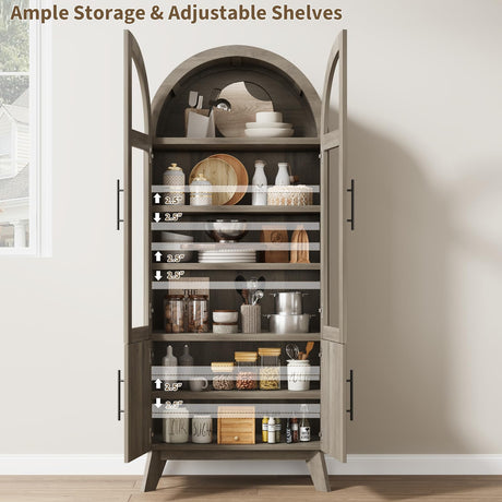 RNLRNL 71" Modern Fluted Display Cabinet with Glass Door, Arched Curio Cabinet with Adjustable Shelf, Bookcase for Collectibles Books, Storage Cabinet for Living Room, Dining Room, Grey RNLRNL
