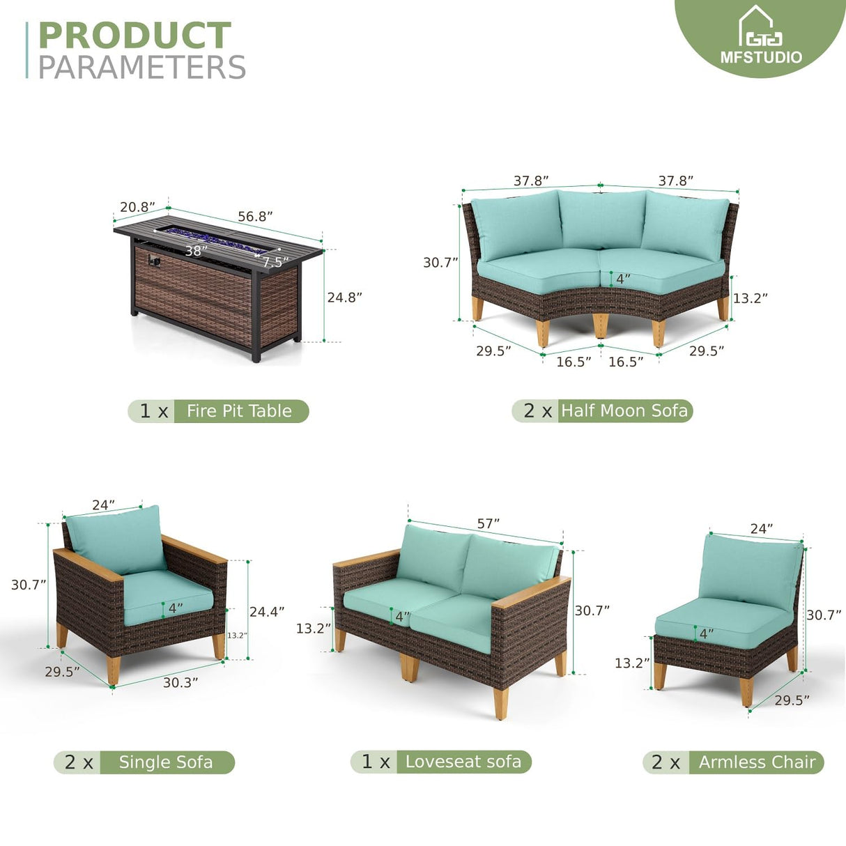 MFSTUDIO 11 Piece Extra Large Wicker Patio Furniture Set, All-Weather PE Rattan Half-Moon Curved Outdoor Sectional Sofa, Patio Conversation Set with 56" Fire Pit Table for Backyard(Aqua Blue Cushion) MFSTUDIO