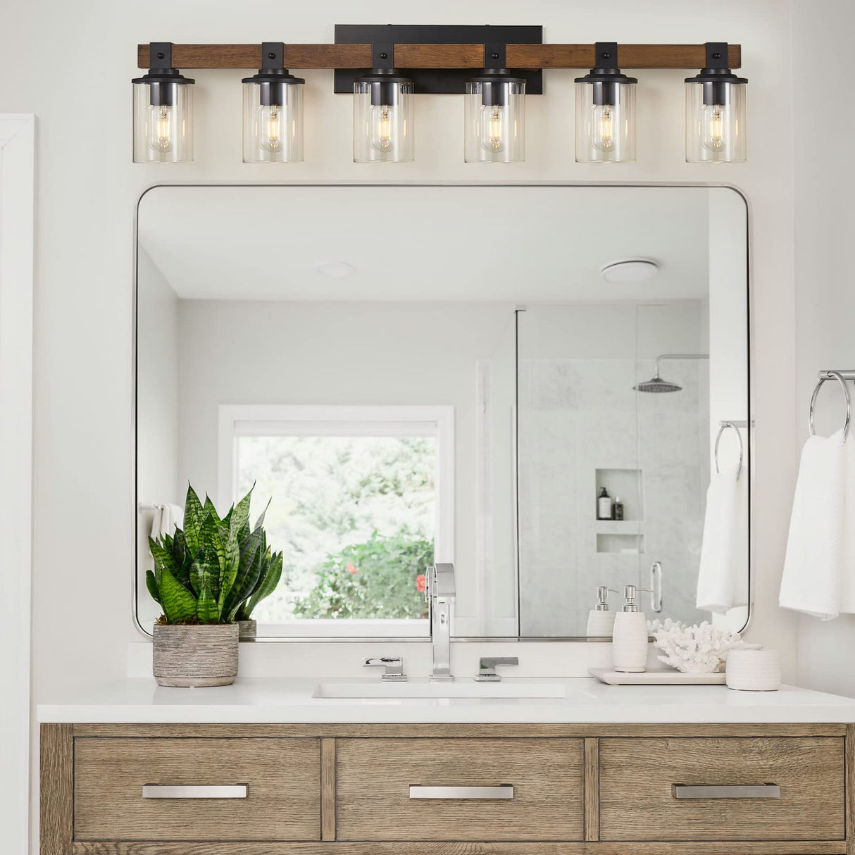 DUJAHMLAND 6-Light Wood Vanity Light,40.5 inch Farmhouse Bathroom Metal Wall Sconce with Cylinder Clear Glass Shade,Industrial Wall Light Fixtures for Hallway,Kitchen,Bedroom(Wood, 6-Light) DUJAHMLAND
