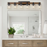 DUJAHMLAND 6-Light Wood Vanity Light,40.5 inch Farmhouse Bathroom Metal Wall Sconce with Cylinder Clear Glass Shade,Industrial Wall Light Fixtures for Hallway,Kitchen,Bedroom(Wood, 6-Light) DUJAHMLAND