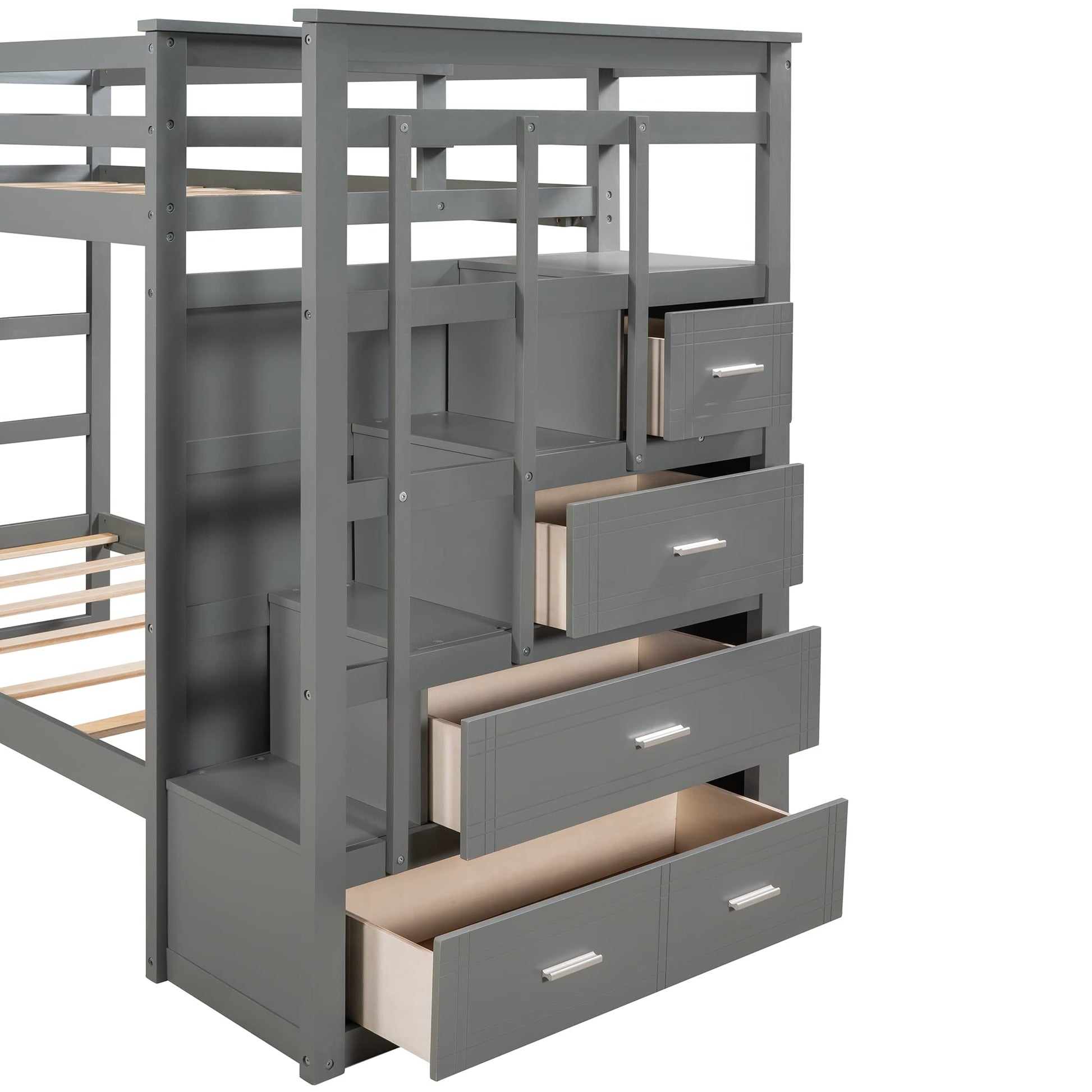 Bellemave Grey Twin Over Twin Bunk Bed with Trundle, 4 Storage Drawers, Staircase & Safety Guard Rails - WoodArtSupply