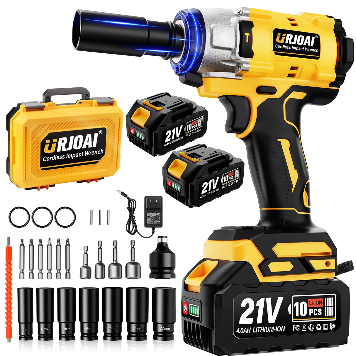 Urjoai Cordless Impact Wrench - 590Ft-lbs (800N.m) Brushless 1/2 inch, 3300RPM High Torque Impact Gun, 2x 4.0Ah Battery, Charger & 7 Sockets, Electric Impact Wrench for Car Home Urjoai