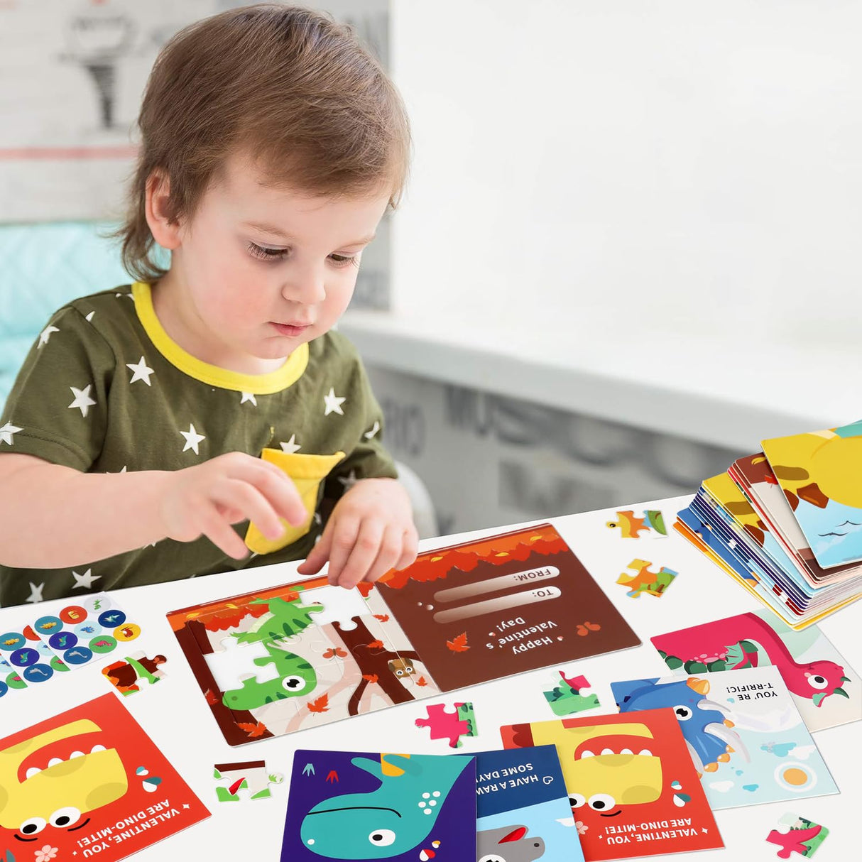 Valentine's Day Puzzle for Kids, 27 Pack Dinosaur Jigsaw Puzzle Cards with Envelopes & Stickers Bulk -for School Classroom Class Boys Girls Toddlers Gift Exchanges and Kids Valentines Party Favor Sets POPGIFTU