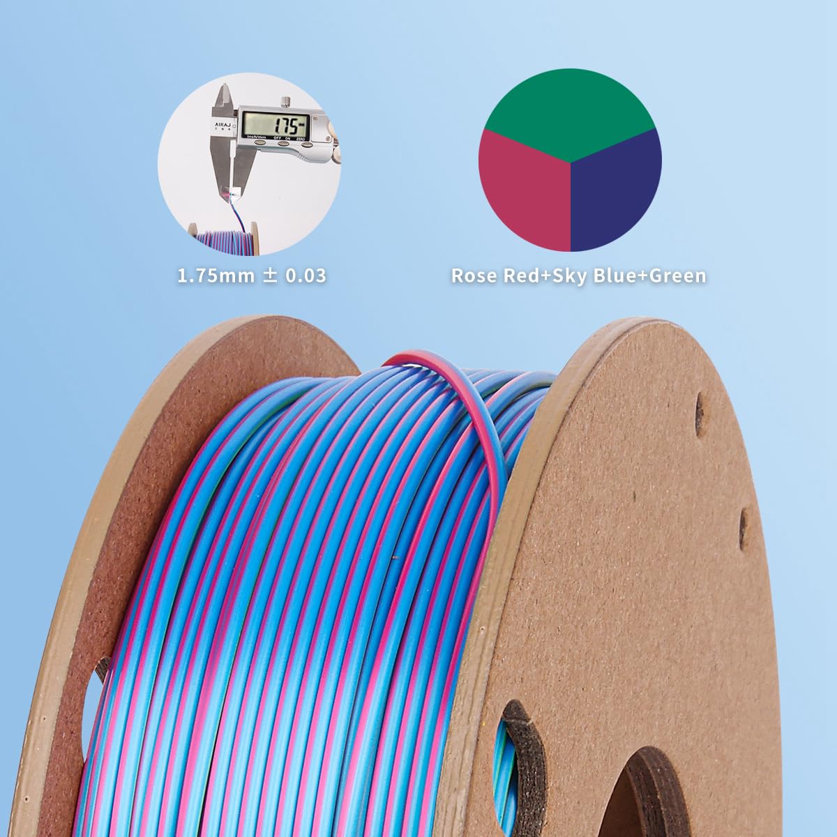 ZEBOT Tri-color PLA 3D Printer Filament,1.75mm Silk Shiny Multi color 3D PLA Printing Filament,250g(0.55lbs),Dimensional Accuracy +/- 0.03mm Fit Most FDM Printer (250g(0.55lbs)Rose Red+Sky Bl - WoodArtSupply