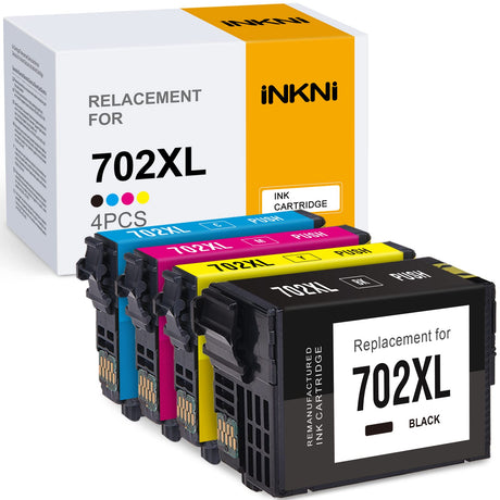 InkNI Remanufactured 702 702XL Ink Cartridges Combo Pack for Epson 702 XL 702XL Ink Cartridges Works with Workforce Pro WF-3720 WF-3730 WF-3733 Printer Ink cartridges (Black Color 4 Pack) InkNI