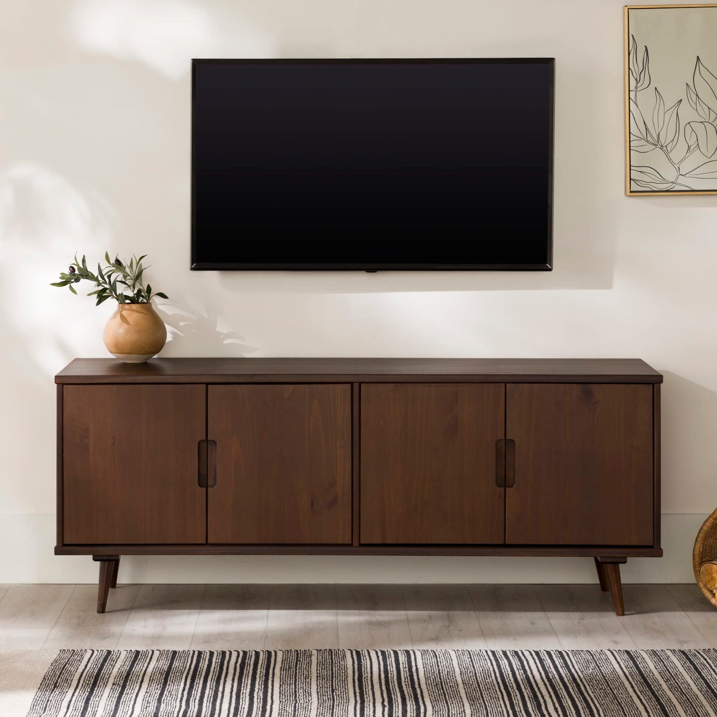 Walker Edison Genia Mid-Century Modern Solid Wood Stand for TVs up to 65 Inches, Walnut - WoodArtSupply