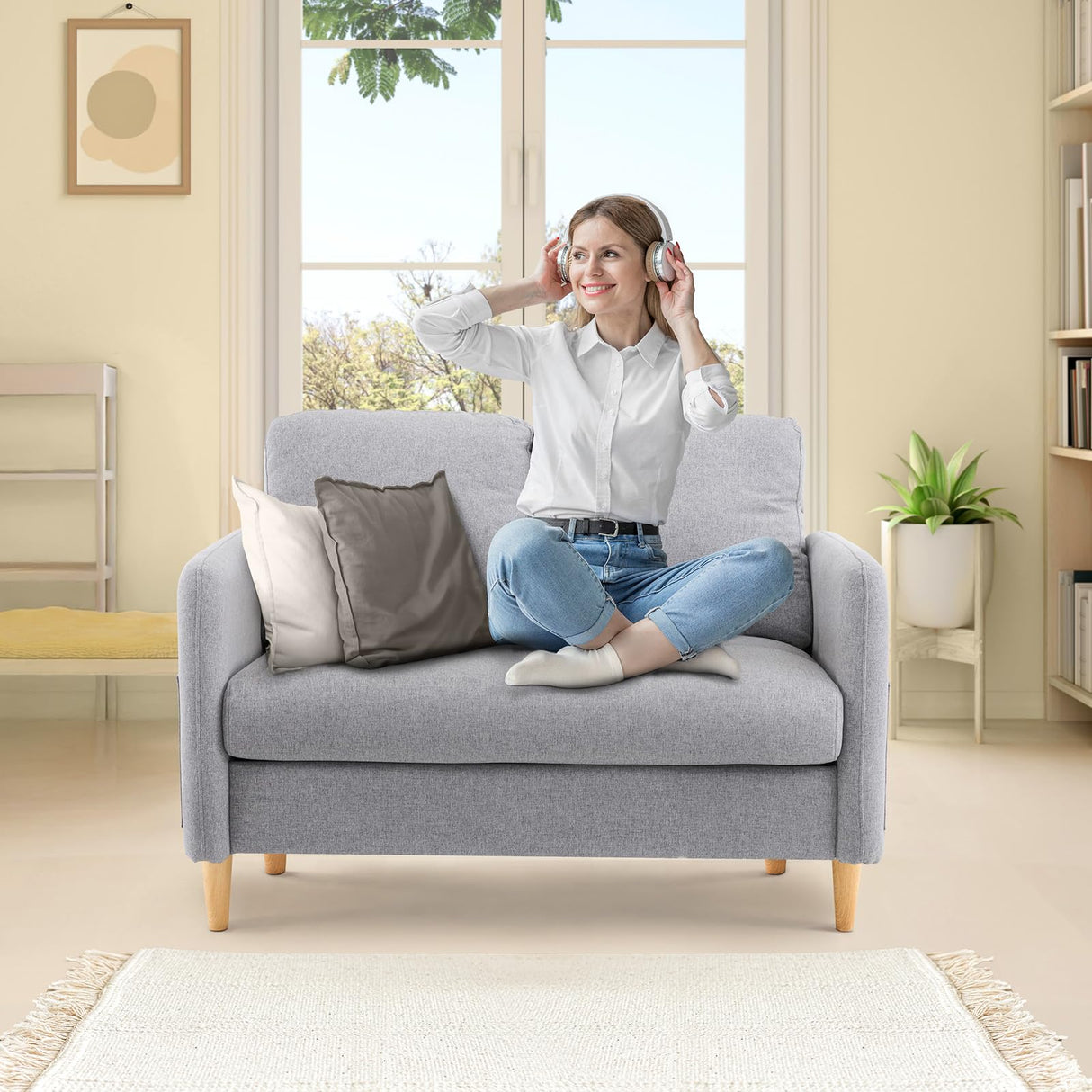 VINGLI 47" Small Couch, Linen Loveseat Sofa Light Grey Mini Couch Mid Century Modern Decor Love Seat for Small Spaces Living Room, Bedroom, Play Room VINGLI