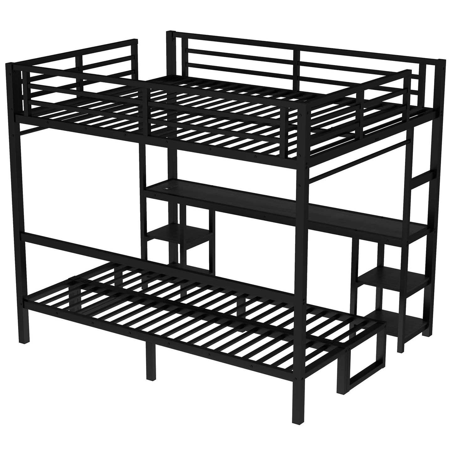 JIJIWANG Queen Over Twin XL Metal Bunk Bed/Loft Bed with Desk and Shelves, Multiple Uses Folds into Sofa with LED and USB, Safety Guard & Ladder, No Box Spring Needed, Black