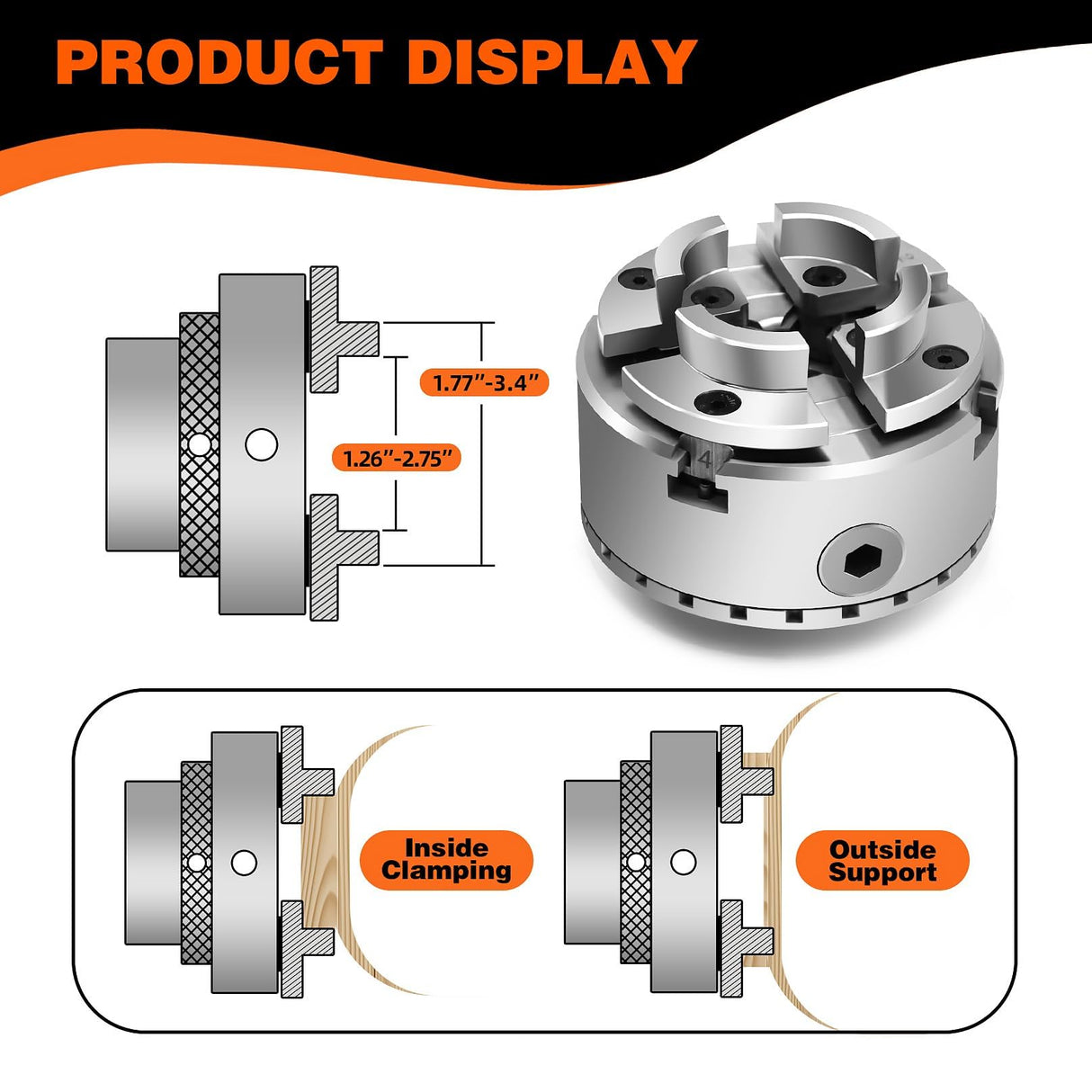 Aspaton 3.75-Inch 4 Jaw Wood Turning Lathe Nickel Plated Chuck and Cutting Jaws Kit with T-Wrench and 6 Corner Star Fasteners 1 Inch x 8TPI Aspaton