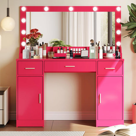 MIRROTOWEL 47.5” Vanity Desk with Large Mirror, 3 Colour Lighting Modes, Adjustable Brightness, Dresser with 3 Drawers & 2 Vertical Cabinets, Makeup Vanity Table for Women Girls Rose Pink MIRROTOWEL