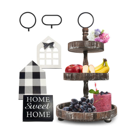 AONEHOME Adjustable 3 Tiered Tray Stand with 3 pcs Farmhouse Decor for Party AONEHOME