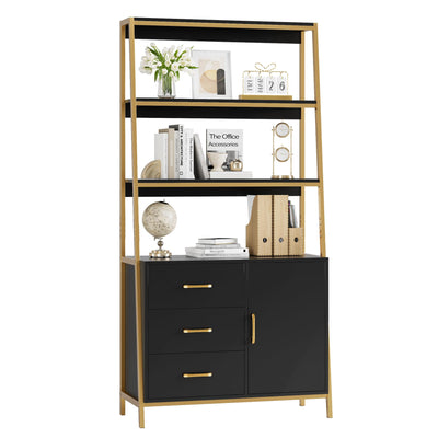 HITHOS 69" Tall Bookshelf, Modern 4-Tier Bookcase with Wooden Drawers and Ladder Shelves, Free Standing Storage Cabinet Kitchen Bakers Rack with Microwave Oven Stand for Home Office, Black Gold