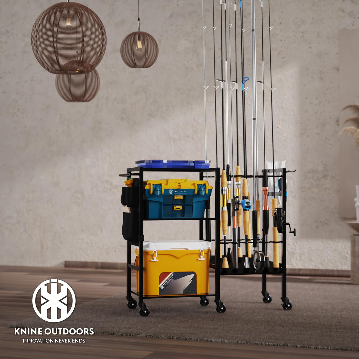 KNINE OUTDOORS Garage Fishing Pole Holders - 12 Rod Holders, 3 Layers of Storage Space for Fishing Gear and Equipment KNINE OUTDOORS