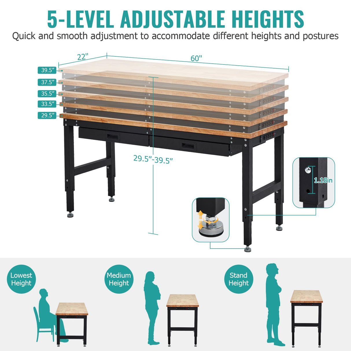 60 Inches Workbench, Rubber Wood Tabletop Work Table with 2 Drawers & Pegboard, 3000 LBS Heavy Duty Adjustable Height Work Bench with Power Outlets for Workshop, Office, Garage TROPOW