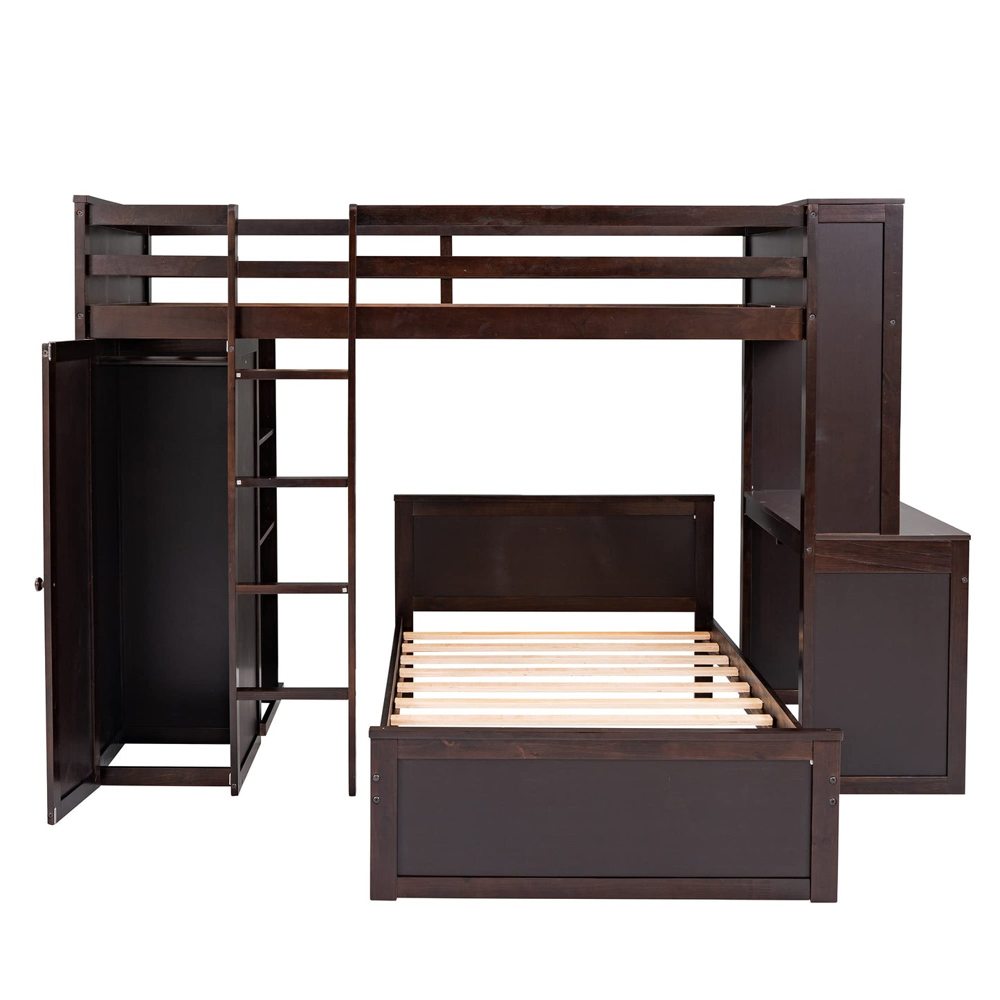 Twin Over Twin Bunk Bed with Storage, Solid Wood Bunk Bed with Shelves, Desk and Wardrobe, Twin Size Loft Bed with a Stand-Alone Bed for Kids Teens Adults (Espresso)