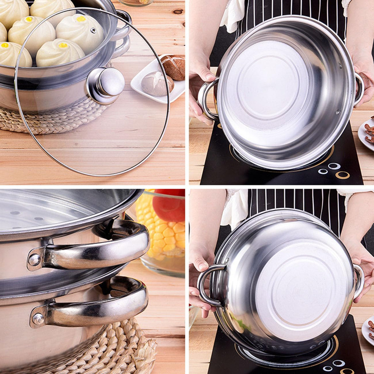 Steamer Pot for Cooking 11-inch Steam Pots with Lid, Multipurpose Steam Pot Stainless Steel Steaming Pot Cookware with Handle for Vegetable, Stews, Pasta, Dumpling, Sauce, Food (3 Tier) KDLCY