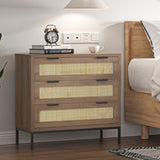Anmytek 3 Drawer Dresser with Natural Rattan, Large Nightstand Dresser for Bedroom, Farmhouse Wood Closet Dressers Chest of Drawer with Storage Versatile Bedside Table, Rustic Oak,H0105 Anmytek