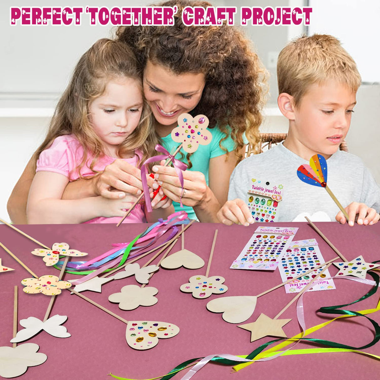 WUBOMJIO Princess Fairy Wands Craft Kit, Kid Birthday Party Supplies Make Your Own Magic Wands Include Unfinished Wooden Fairy Wands, Gem Stickers, Ribbons, Ideal for Kids 6+(14 PCS) WUBOMJIO