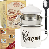 Bacon Grease Container with Strainer - With Food-Grade Silicone Spatula , 46oz Large Enamel Rustic Farmhouse Fat Container , Keeper , Recipes , Dishwasher Safe Ayerphalo
