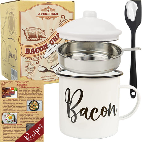 Bacon Grease Container with Strainer - With Food-Grade Silicone Spatula , 46oz Large Enamel Rustic Farmhouse Fat Container , Keeper , Recipes , Dishwasher Safe Ayerphalo