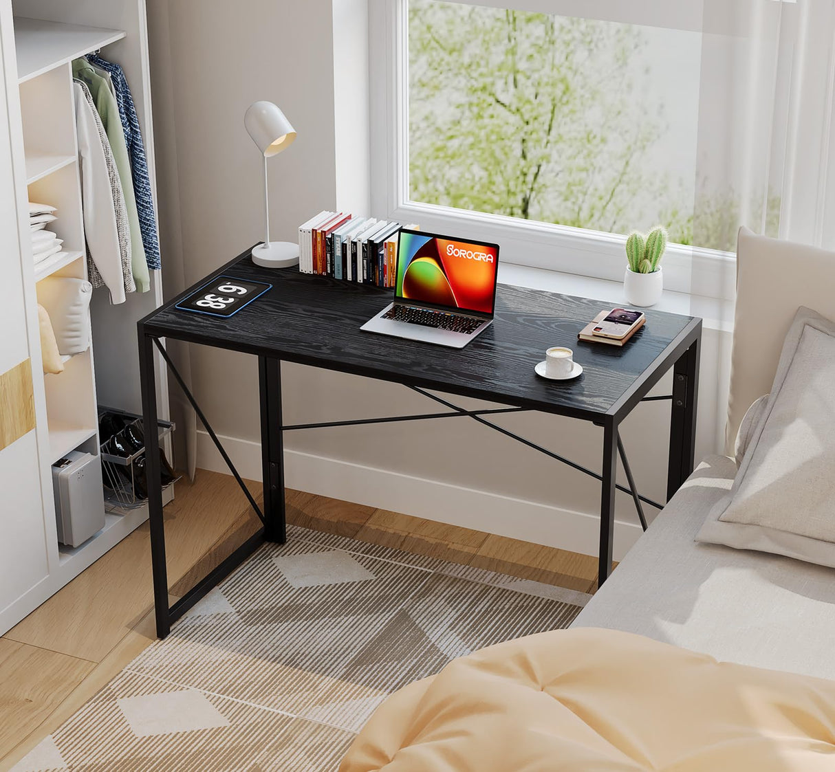 Coavas 39.4 inch Folding Desk No Assembly Required, Writing Computer Desk Space Saving Foldable Table Simple Home Office Desk, Black Wood Coavas