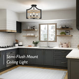 3-Light Rustic Farmhouse Pendant Hanging Light Adjustable Height Max 68in, Convertible Vintage Semi Flush Mount Ceiling Light Fixture Black Metal Chandelier White Birch Wood Finish Kitchen Dining Room BesLowe
