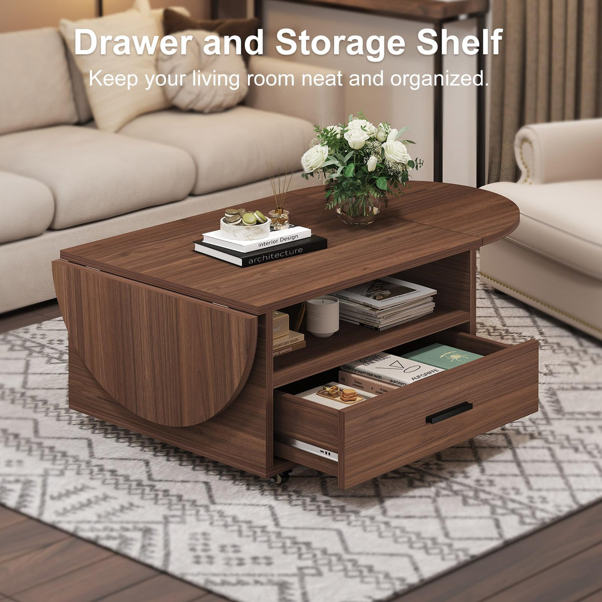 IBF Foldable Coffee Table with Drawer, Wood Living Room Table with Storage, Multifunctional Oval Center Table with Wheels, Extendable Rolling Tea Table for Living Room Home Office, Walnut, 47 Inch IBF