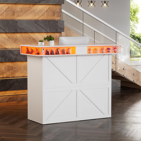 PAKASEPT Reception Desk with LED Lights, 55-Inch Front Counter Table with Lockable Drawer & Glass Display Shelf, Reception Room Table with Cable Grommet for Checkout, Lobby, Beauty Salon PAKASEPT