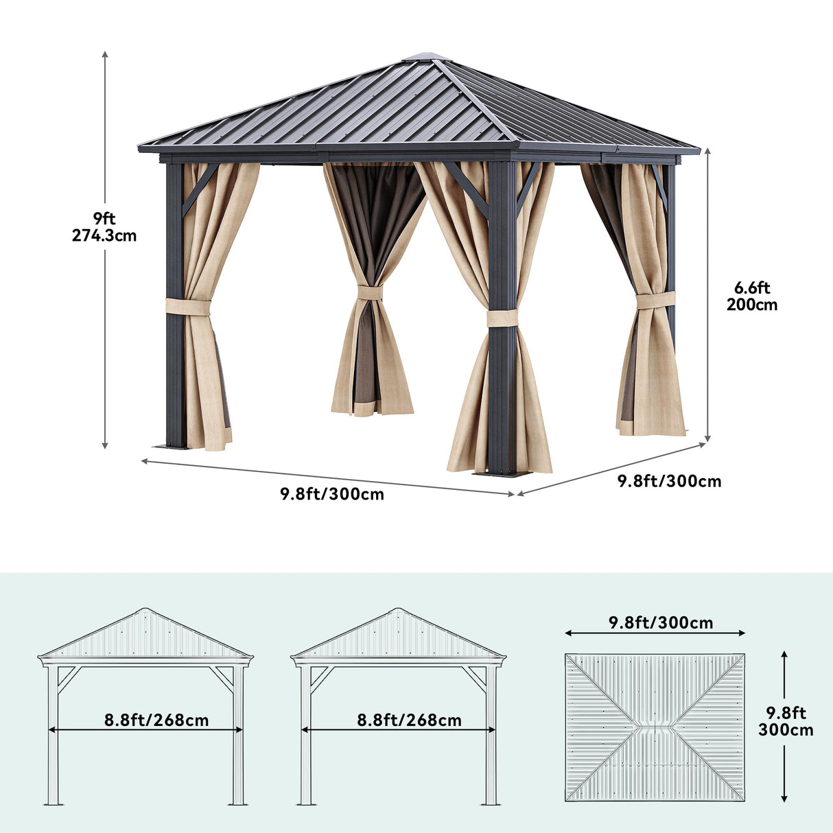 YITAHOME 10x10ft Hardtop Gazebo with Nettings and Curtains, Heavy Duty Galvanized Steel Outdoor Vertical Stripes Roof for Patio, Backyard, Deck, Lawns, Brown YITAHOME