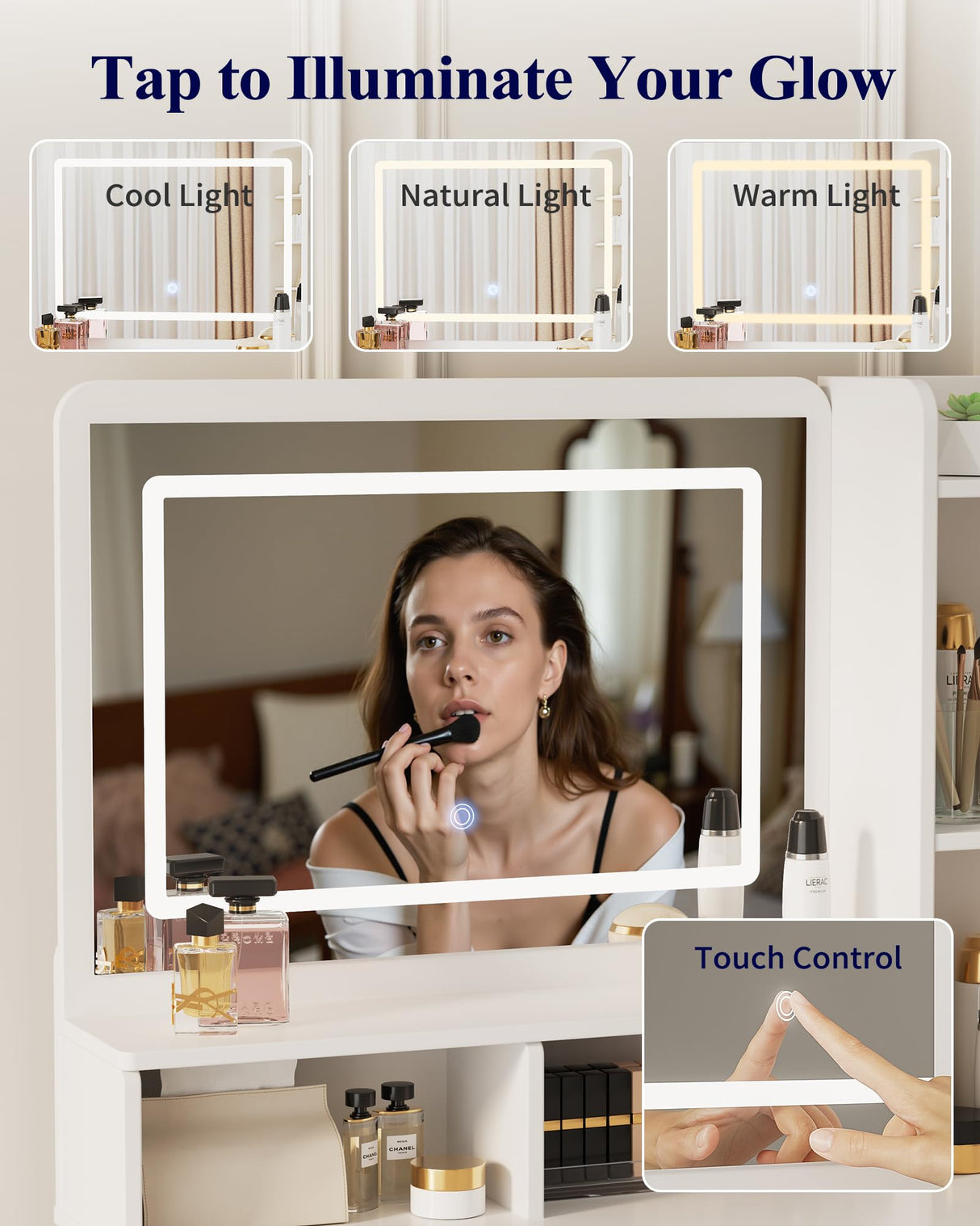 Kitsure Vanity Desk with Mirror and Lights - Large Capacity Makeup Vanity with 4 Fabric Storage Drawers & 3 Lighting Modes, Vanity Table Set with Sturdy Metal Frame for Bedroom, White, 35" x 17" x 52" Kitsure