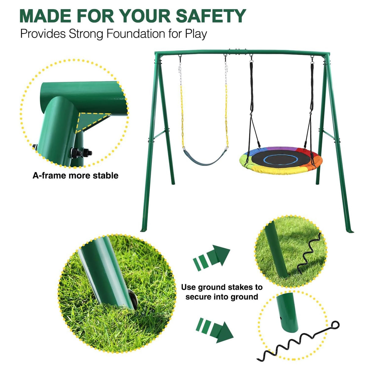Trekassy 440lbs 2 Seat Swing Set for Backyard, 1 Saucer Swing Seat and 1 Belt Swing Seat with Heavy Duty A-Frame Metal Swing Stand Trekassy