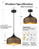 ELYONA Modern Pendant Light Walnut Wooden Pattern Dome Pendant Light Fixture Matte Black Metal Gold Inner Finish Adjustable Hanging Lighting for Kitchen Island Dining Room Office Hallway Foyer Bedroom ELYONA