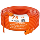 HUANCHAIN Outdoor Extension Cord 75 Foot Waterproof, 16/3 Gauge Flexible Cold-Resistant Appliance Extension Cord Outside, 10A 1250W 16AWG SJTW, 3 Prong Heavy Duty Electric Cord Orange, ETL huanchain